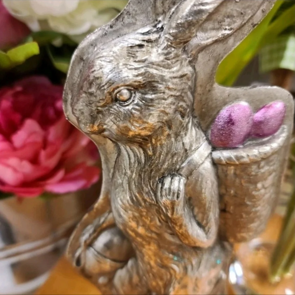 Vintage Antique Style Bunny Rabbit Faux Chocolate Tin Mold Silver Easter Spring